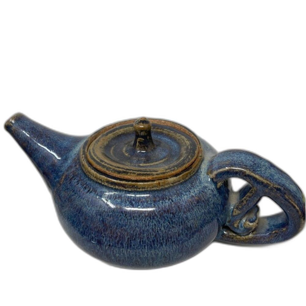 Studio Art Pottery RUSTIC Blue High GLAZE Teapot With Unique Handle Signed